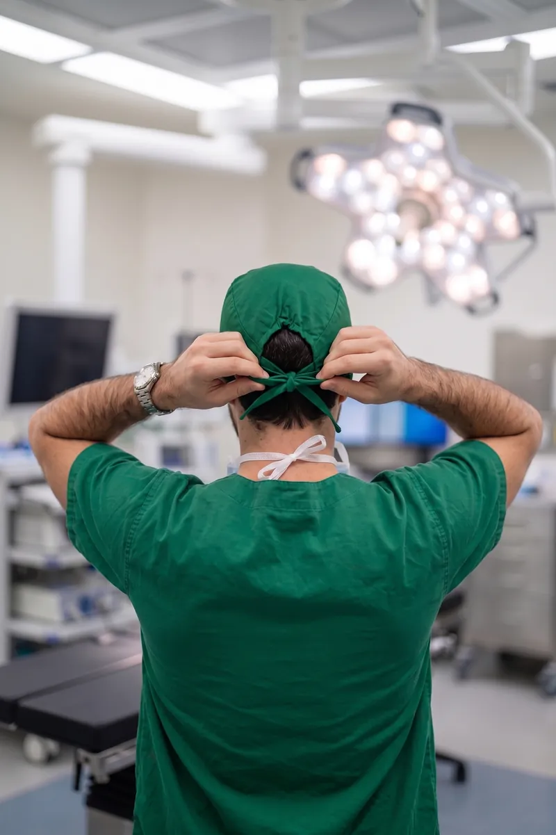 Dr. José Ricardo Ristow de costas, com roupa cirúrgica verde, amarrando a touca na sala de cirurgia, com o foco de luz ao fundo