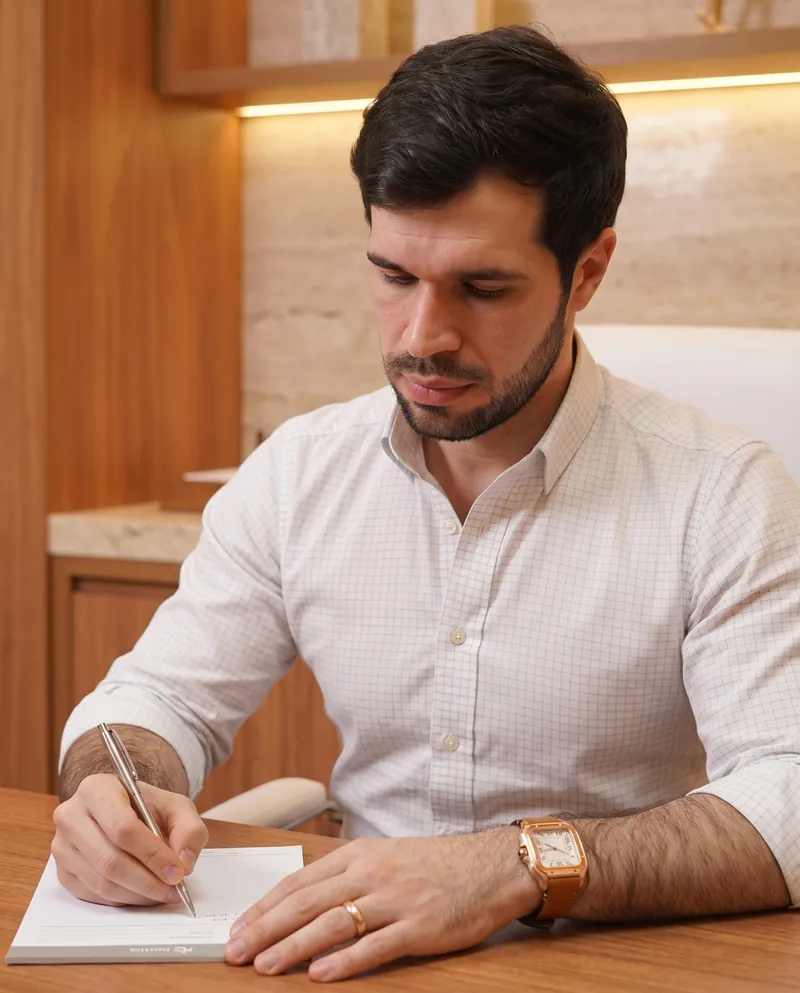 Dr. José Ricardo Ristow escrevendo num caderno à mesa de madeira do consultório