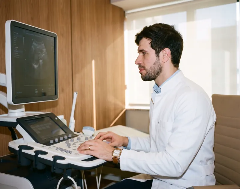 Dr. José Ricardo Ristow de jaleco operando um aparelho de ultrassom